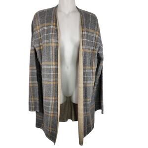 LOFT Outlet Cardigan Sweater Gray Tan Plaid Open Front Academia Preppy Size LP